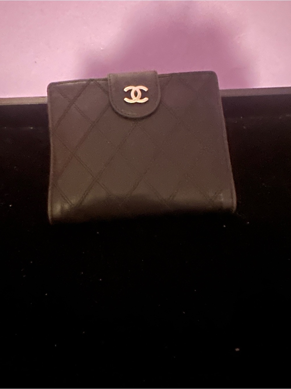 CHANEL Black Quilted Leather Compact Wallet with CC Twist Lock